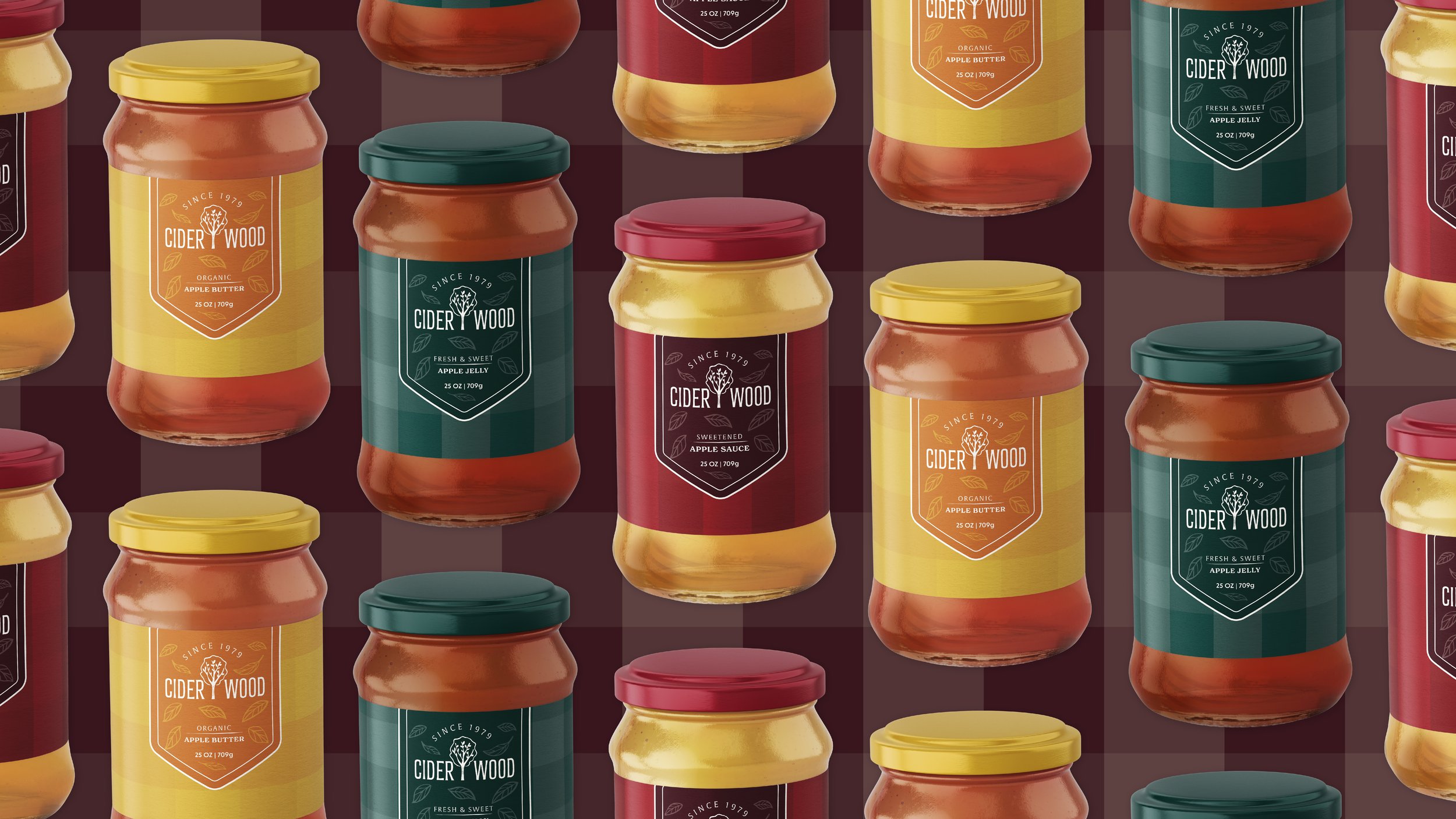 Seamless pattern of Cider Wood apple butter, apple jelly, and applesauce jars with colorful lids
