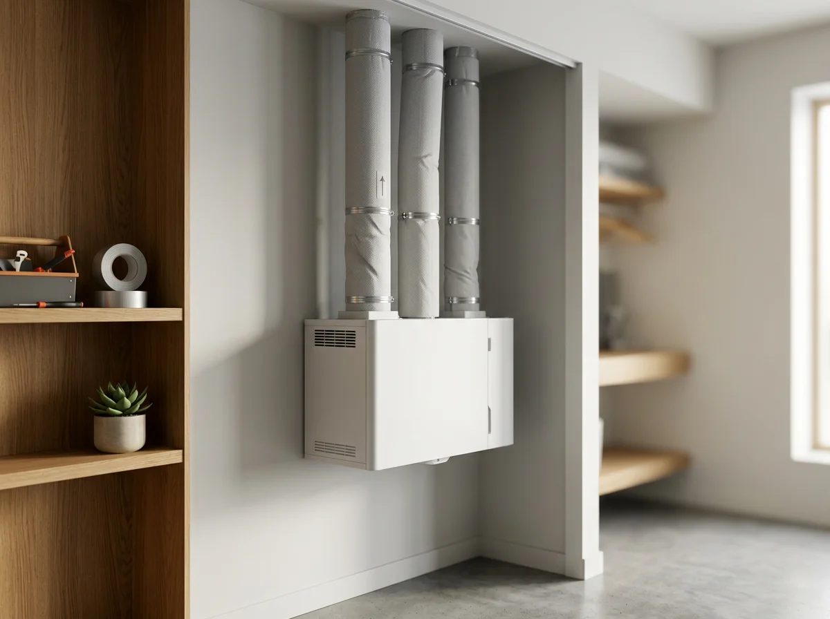 Système de ventilation mécanique double flux fixé au mur, avec trois conduits isolés dans un intérieur moderne.