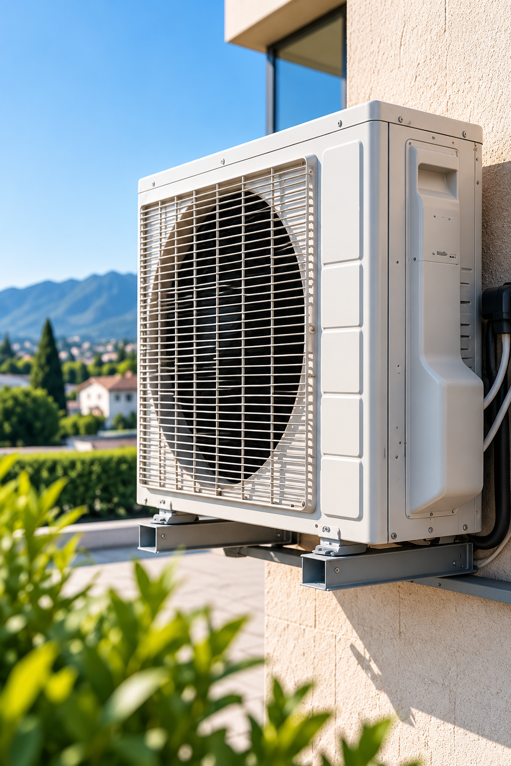 Unité extérieure de climatisation fixée au mur d’une maison, avec montagnes en arrière-plan