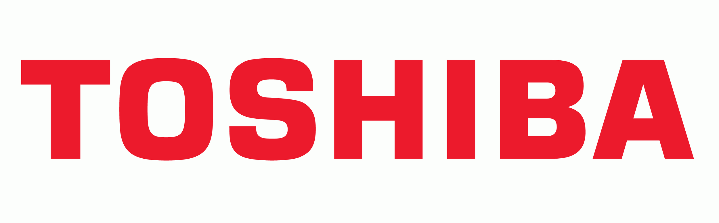 Mot « TOSHIBA » écrit en grandes lettres rouges sur fond blanc.
