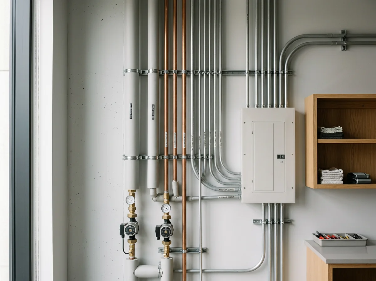 Installation technique apparente avec tuyaux en cuivre et conduits métalliques, pompes de circulation et coffret électrique mural dans une buanderie moderne.