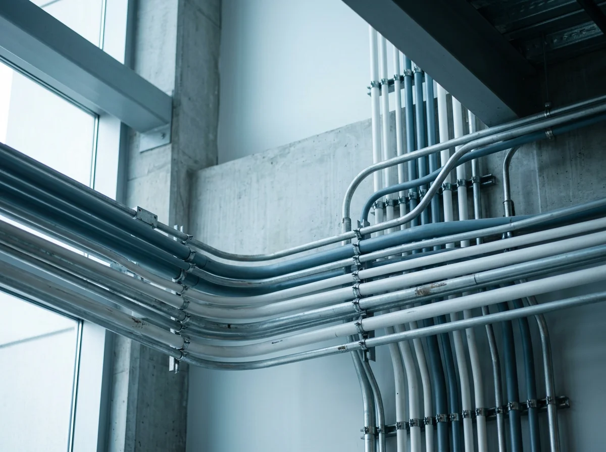 Réseau de conduits et de tuyaux métalliques apparents dans un bâtiment industriel
