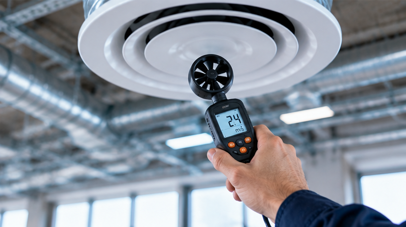 Mesure du débit d’air d’un diffuseur de ventilation au plafond avec un anémomètre numérique.