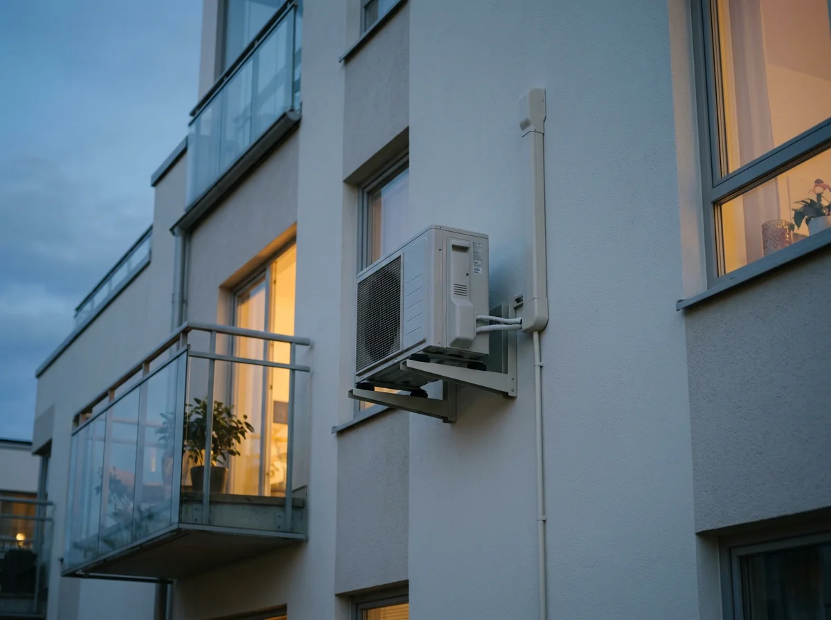 Unité extérieure de climatisation fixée sur la façade d’un immeuble résidentiel au crépuscule, avec balcons vitrés et fenêtres éclairées.