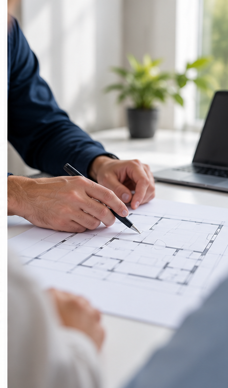 Architecte dessinant au stylo sur un plan d’aménagement intérieur, avec un ordinateur portable en arrière-plan