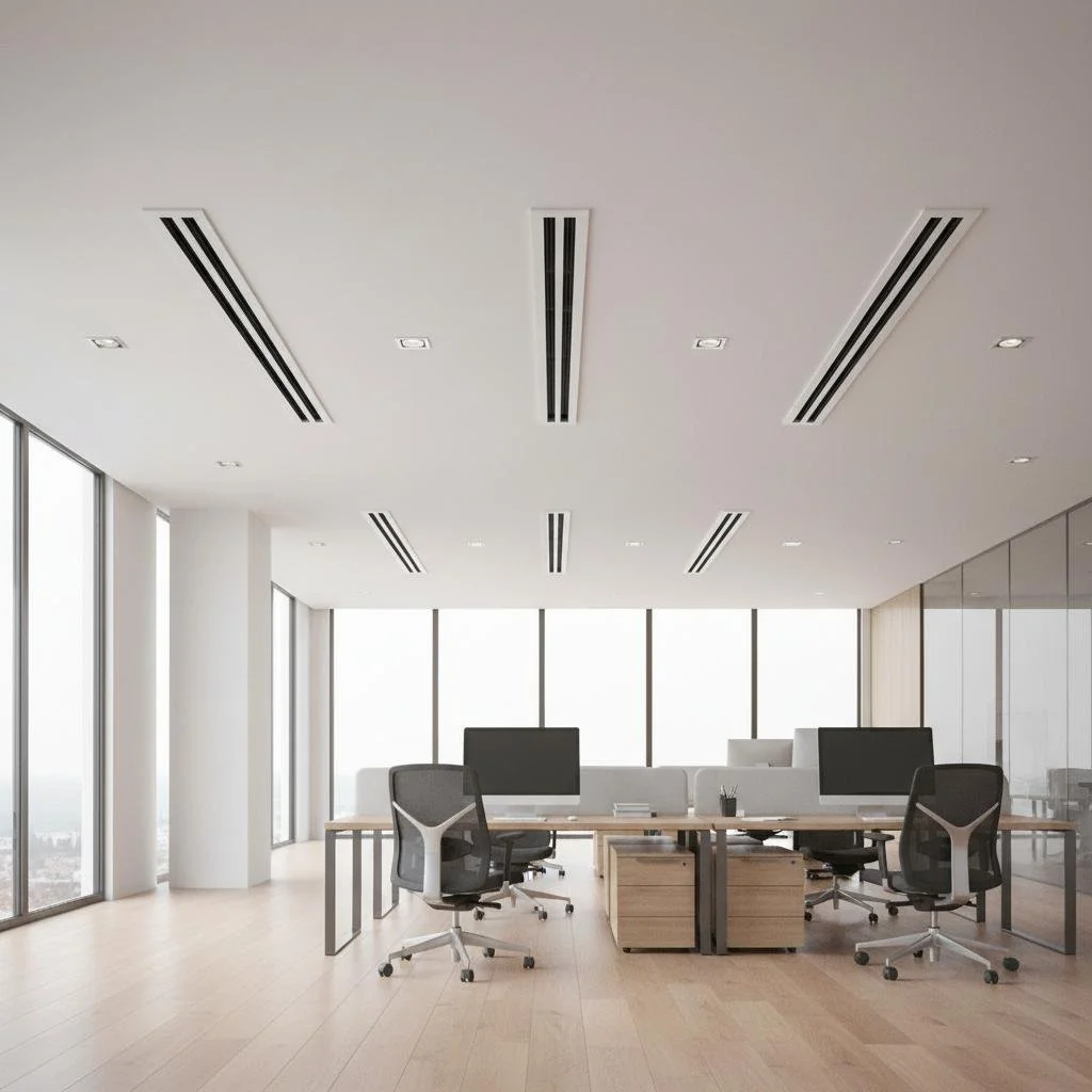 Bureau moderne et lumineux avec bureaux en bois, fauteuils ergonomiques et grandes baies vitrées.