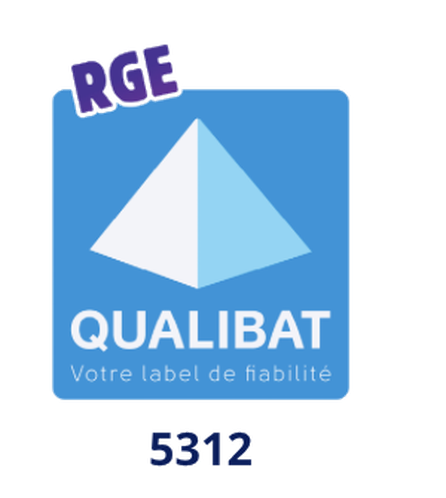 Logo Qualibat bleu avec pyramide stylisée, mention « Votre label de fiabilité » et référence 5312