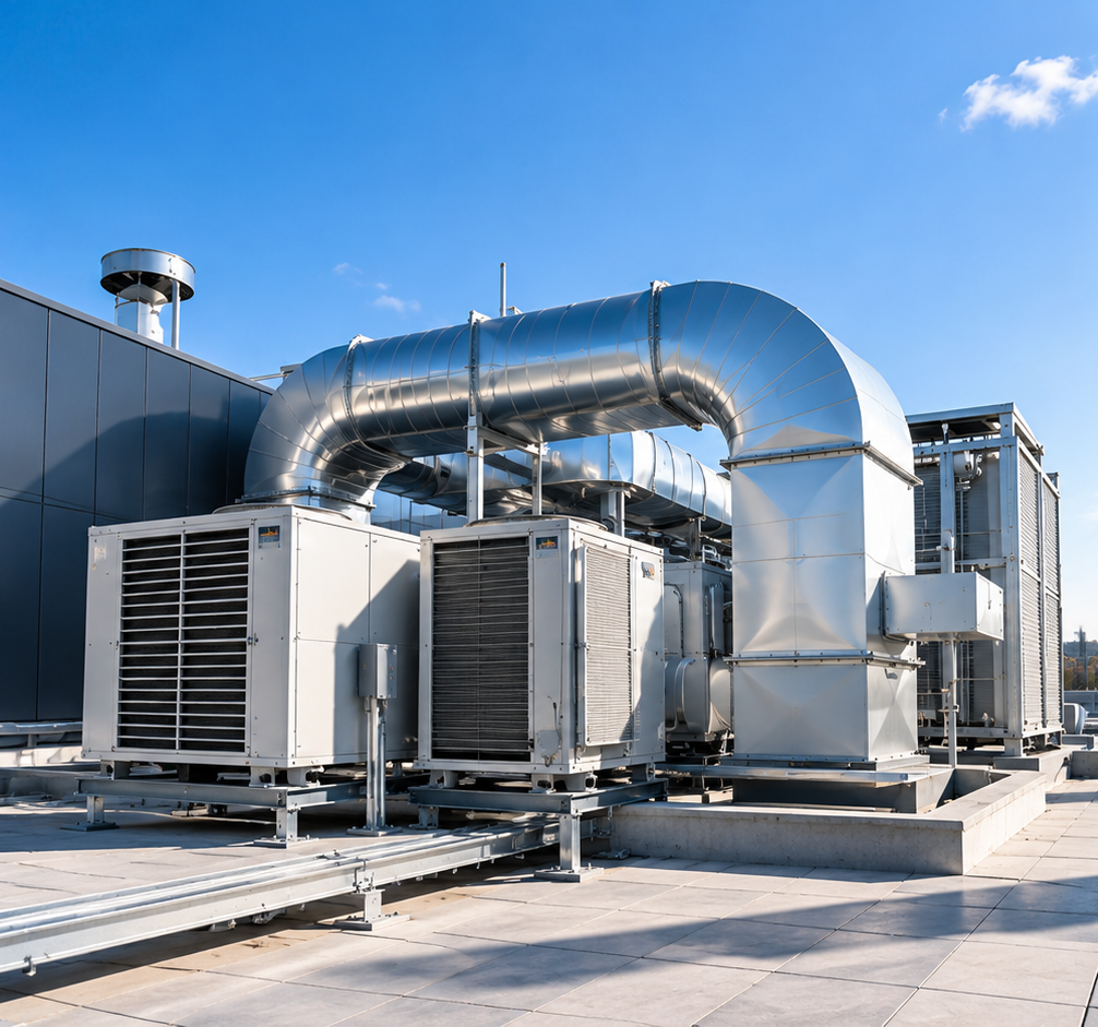 Équipements de climatisation et conduits de ventilation industriels sur le toit d’un bâtiment, sous un ciel bleu.