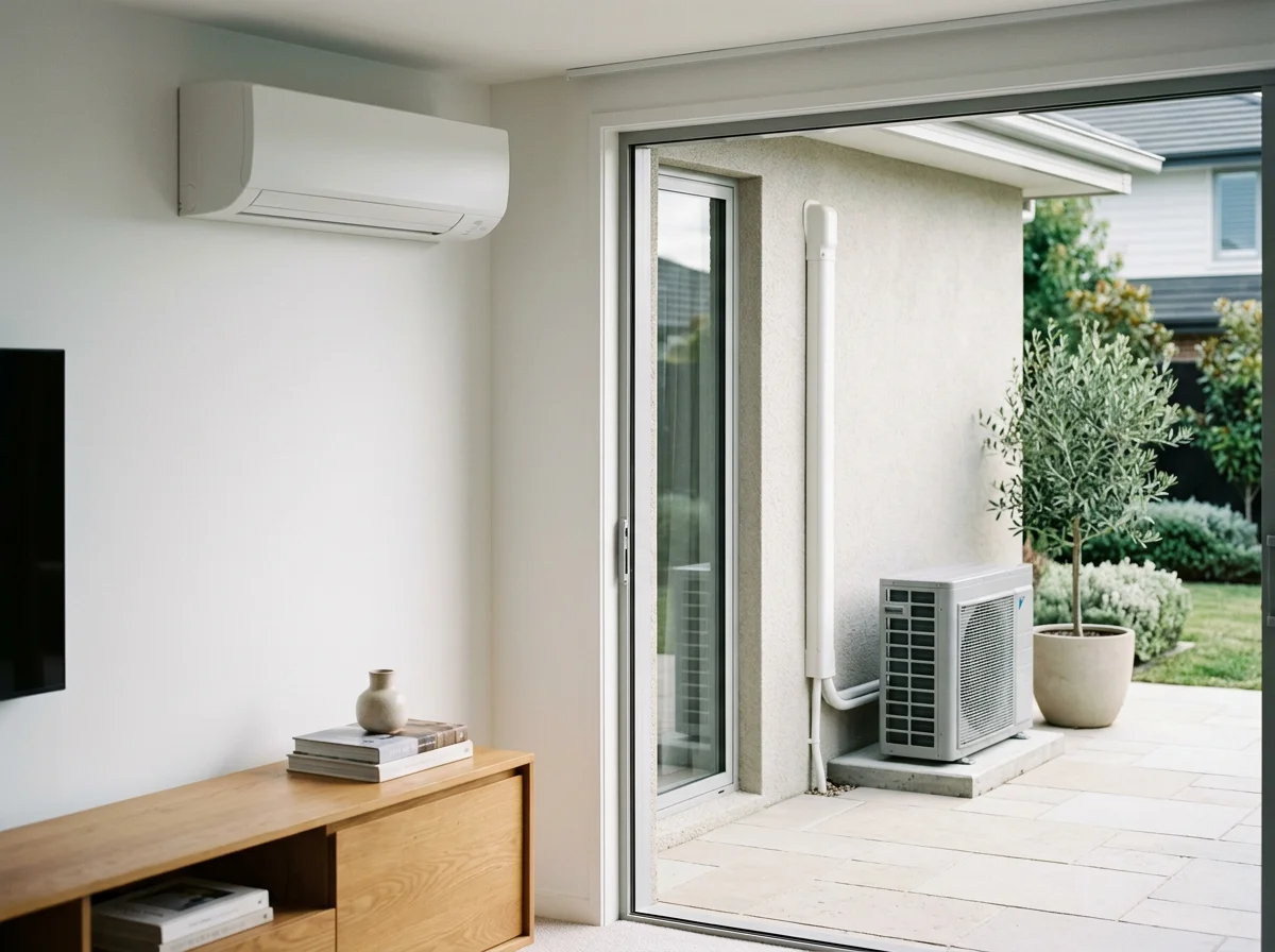 Climatisation réversible installée dans un salon, avec unité extérieure visible sur la terrasse.