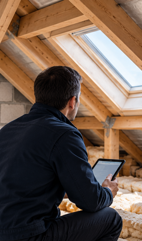 Homme consultant une tablette dans des combles en rénovation sous une fenêtre de toit