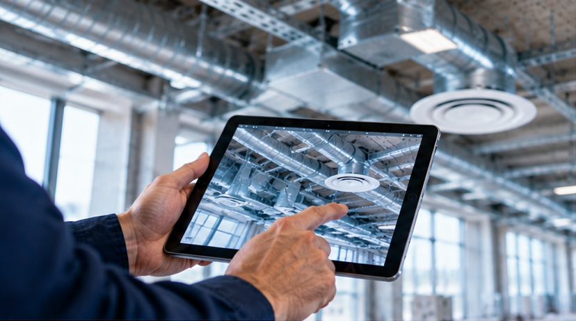 Personne utilisant une tablette pour visualiser un système de ventilation dans un bâtiment moderne.