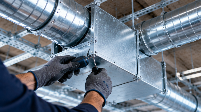Technicien installant un réseau de gaines de ventilation métalliques avec un tournevis.