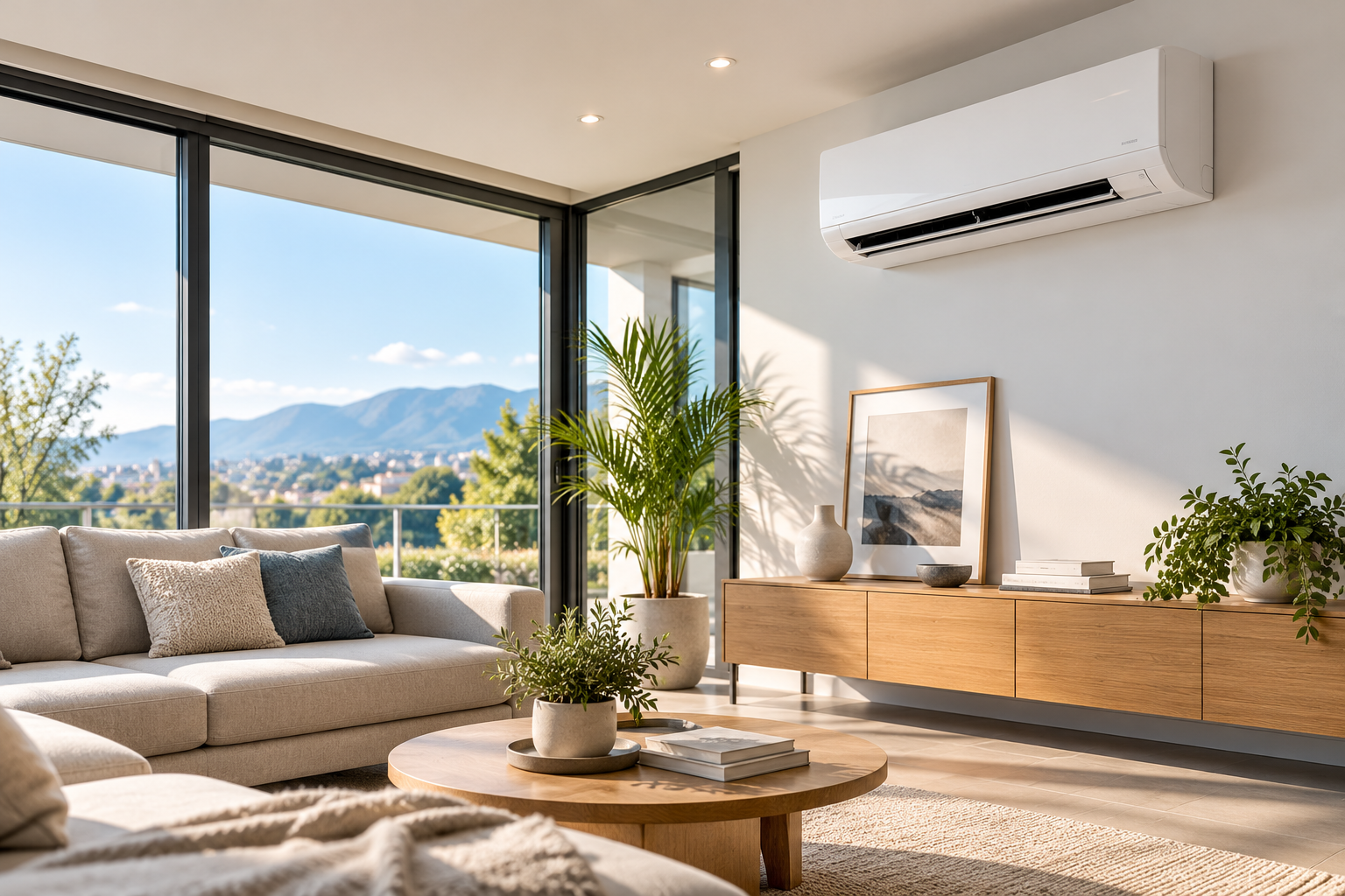 Salon moderne et lumineux avec canapé beige, table basse en bois, plantes vertes, climatiseur mural et vue sur les montagnes.