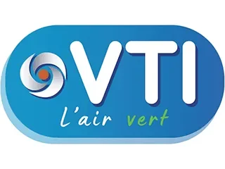 Logo VTI « L’air vert », avec un symbole de tourbillon bleu et blanc sur un fond bleu arrondi.