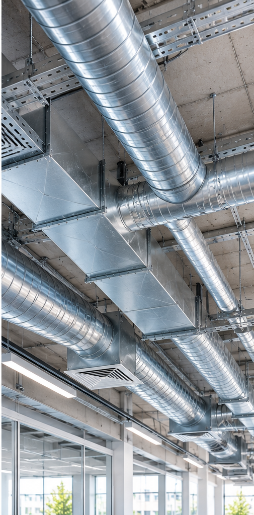 Réseau de conduits métalliques de ventilation au plafond d’un immeuble de bureaux moderne