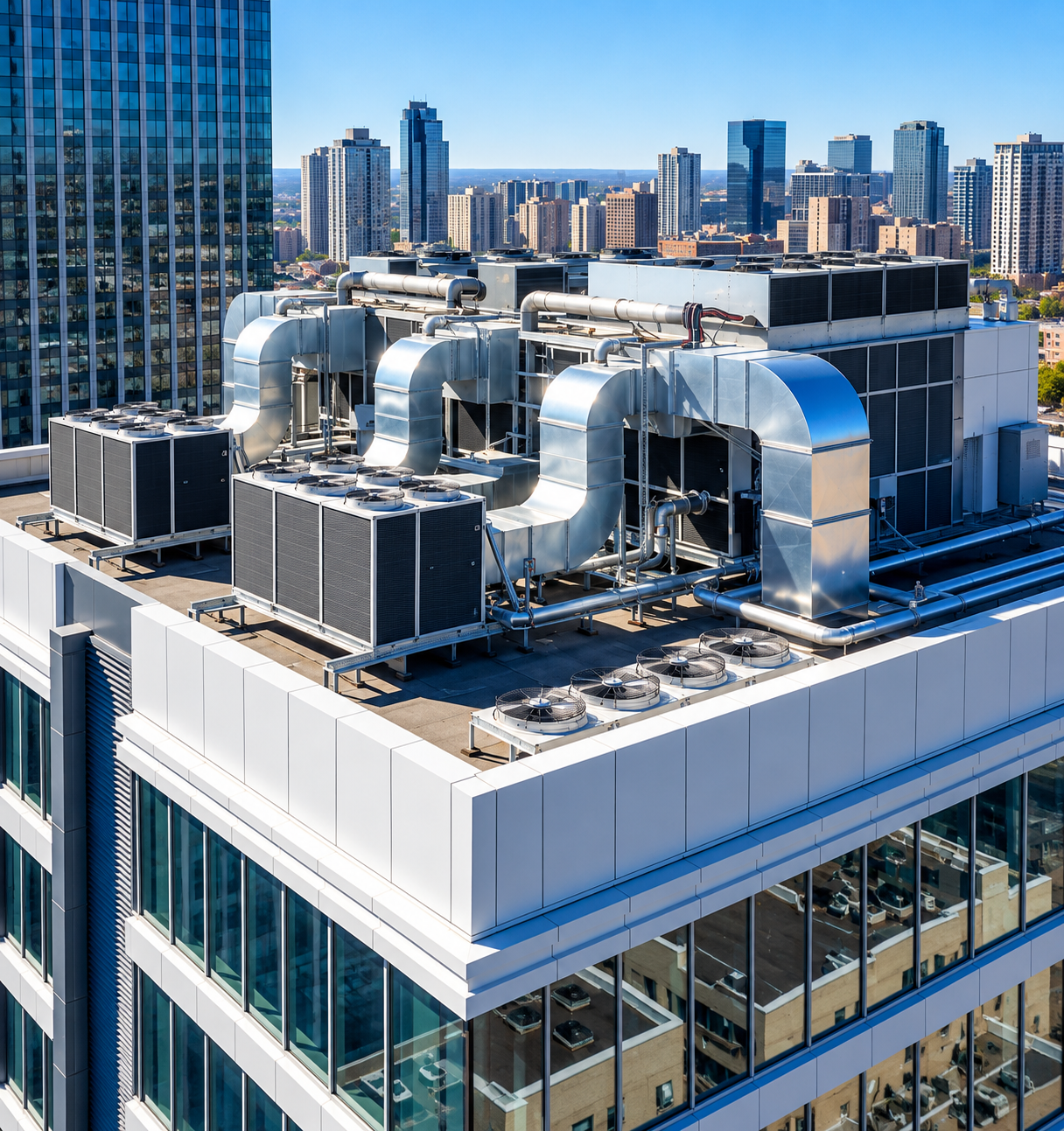 Équipements de climatisation industrielle sur le toit d’un immeuble moderne, avec gratte-ciel urbains en arrière-plan