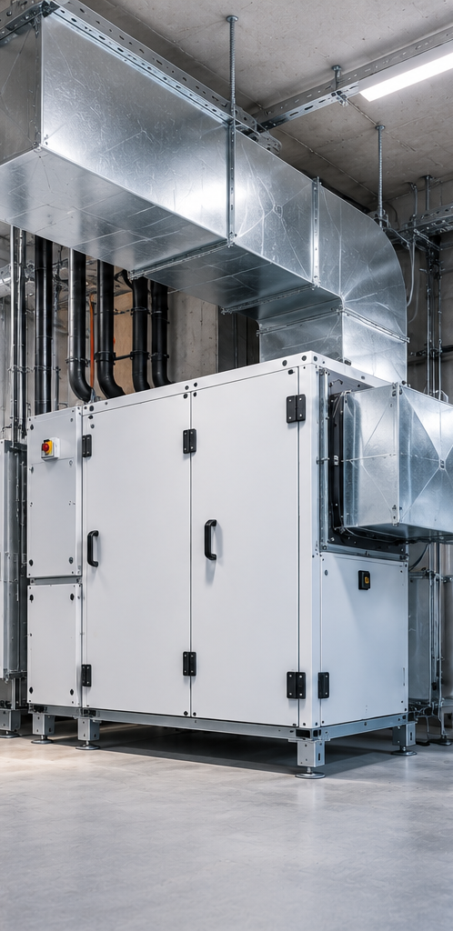 Unité de traitement de l’air industrielle avec gaines de ventilation métalliques dans un local technique