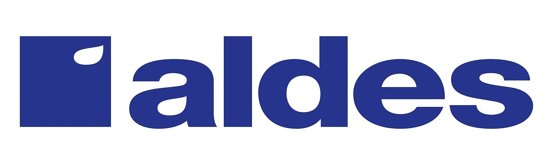 Logo bleu « Aldes » avec une icône en forme de feuille dans un carré.