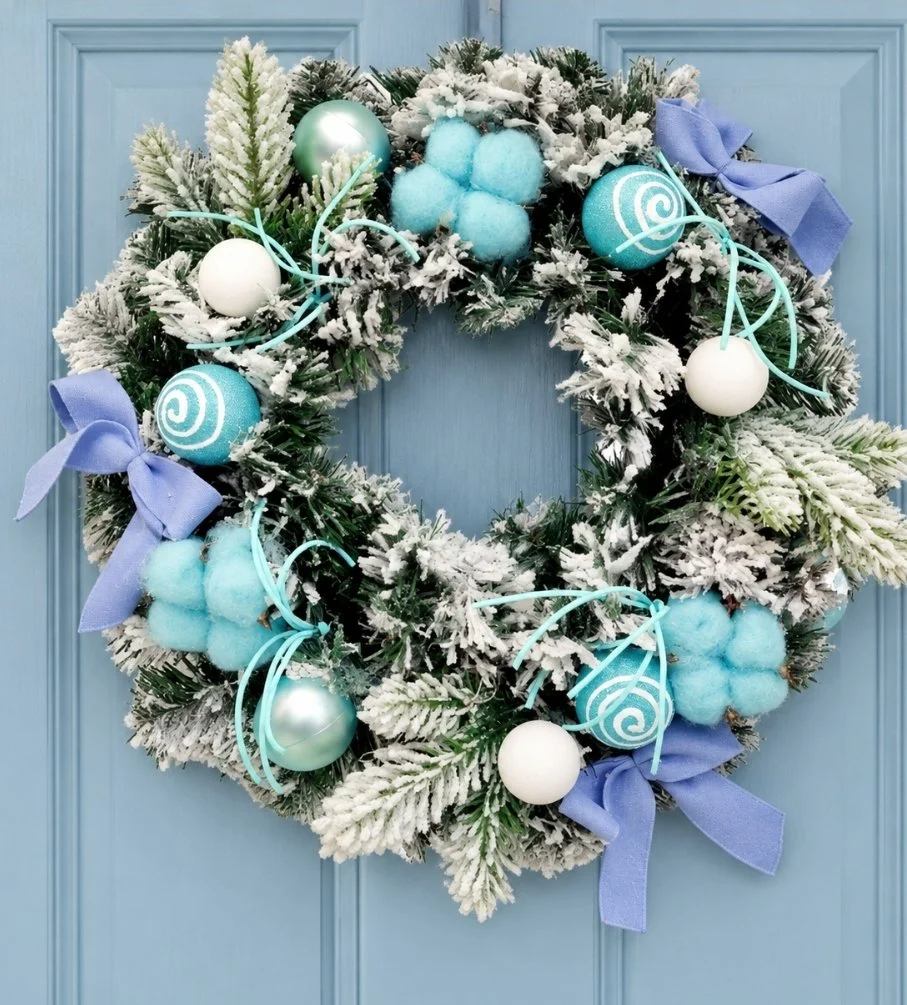 Elegant Blue & White Bauble Wreath with Bows