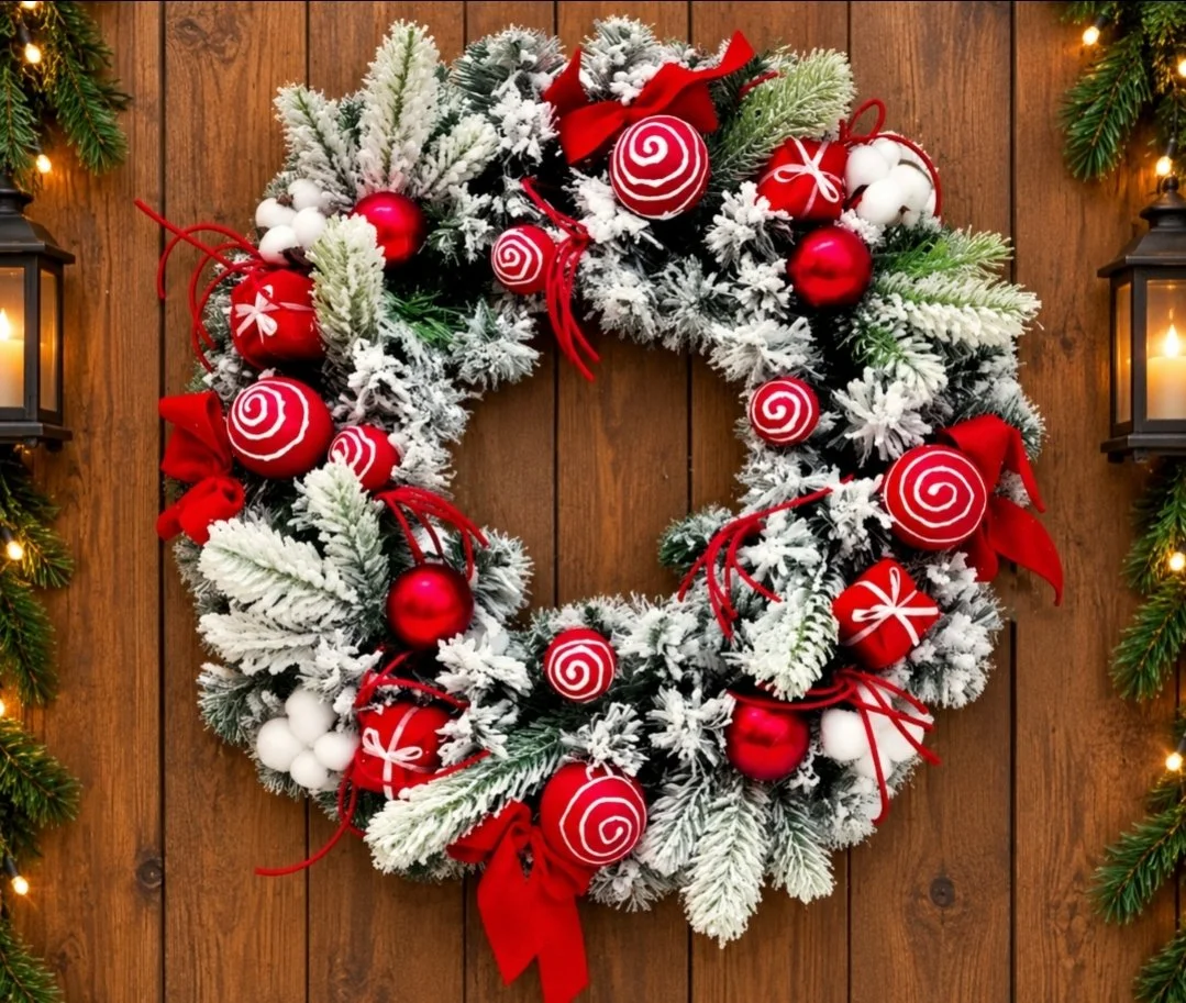 Festive 50cm Red & White Bauble Wreath with Bows