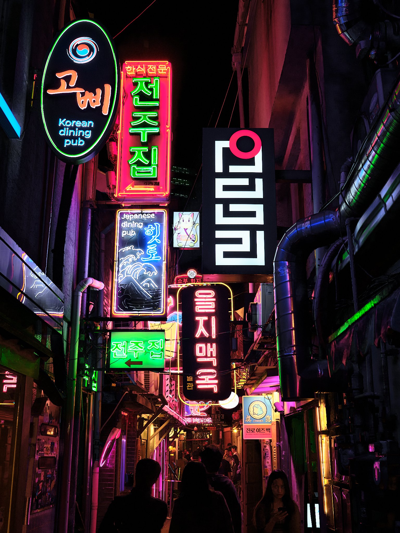 Neon-lit Korean nightlife alley crowded with colorful restaurant and pub signs, including Korean dining and Japanese anime pub signs.