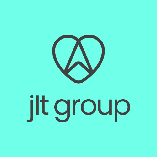 JIT Group logo with dark gray heart-shaped geometric symbol and text on a turquoise background