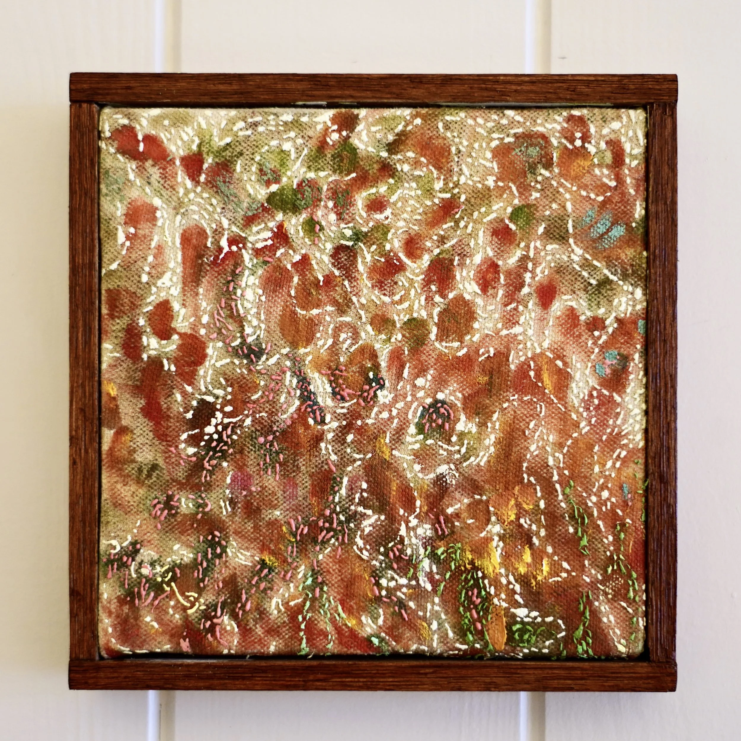 'Sunrise on Inici Mountain' fennel dye, oil on canvas in artist made oak frame, 15 x 15cm