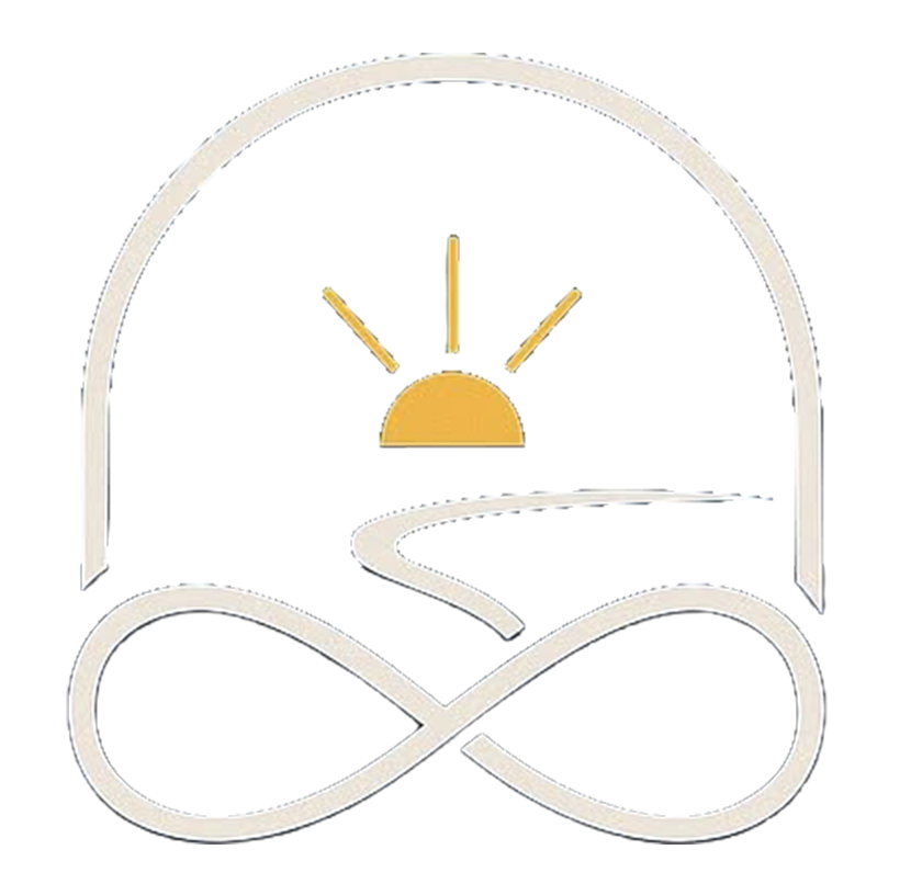 Stylized infinity symbol with a sunset landscape inside a rounded arch