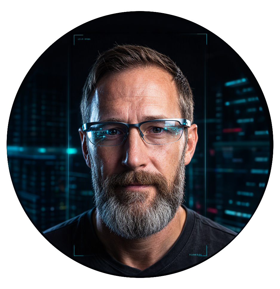 Close-up portrait of a bearded man wearing glasses against a futuristic digital technology background