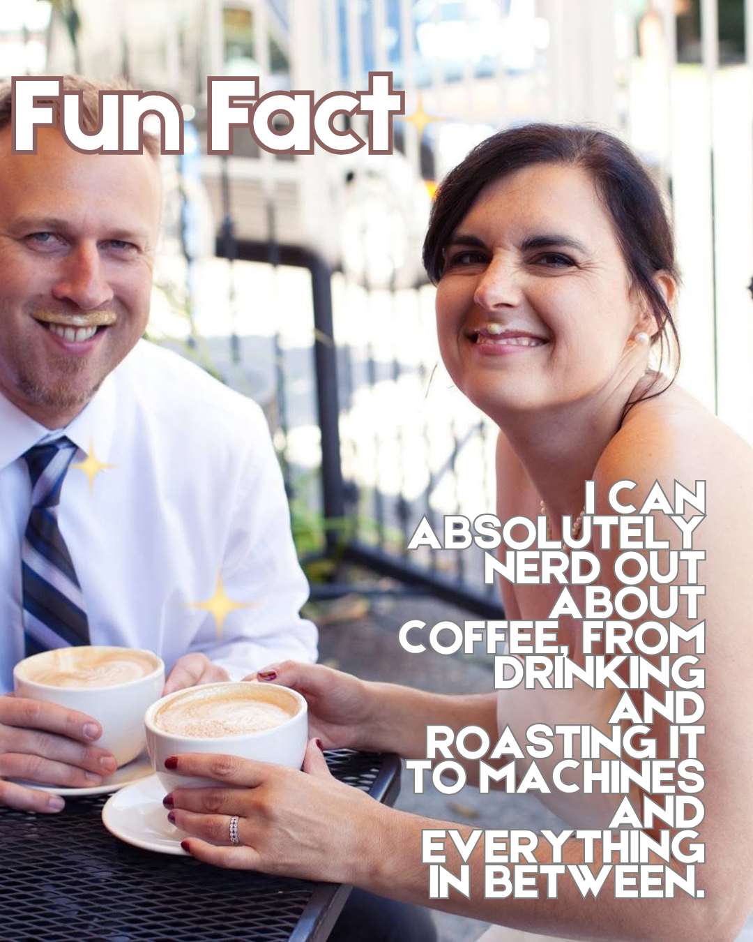 Smiling couple holding cups of coffee at an outdoor café with “Fun Fact” text overlay