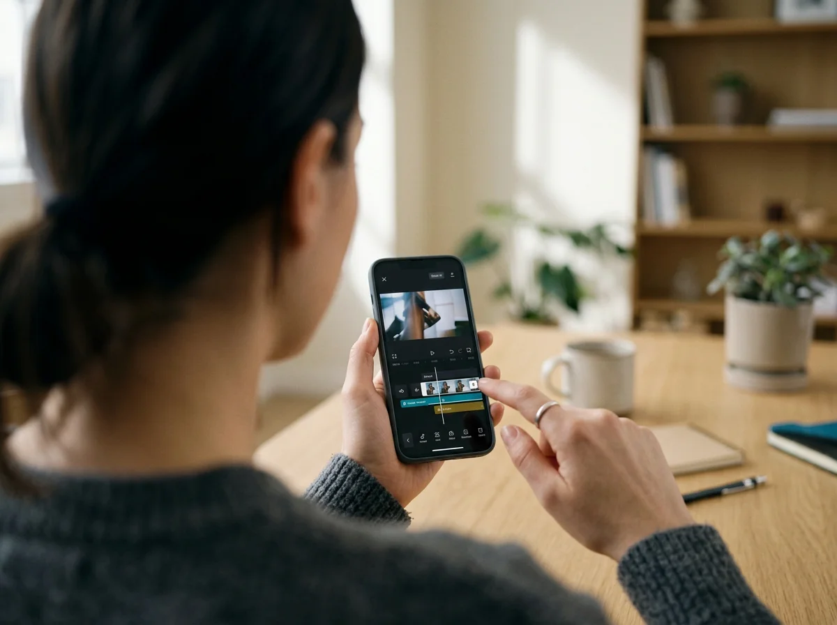Mujer editando un video en un teléfono inteligente sobre una mesa de madera en casa