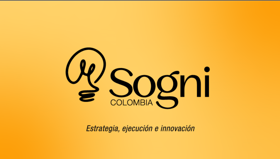 Logotipo de Sogni Colombia con el lema «Estrategia, ejecución e innovación» sobre fondo amarillo.