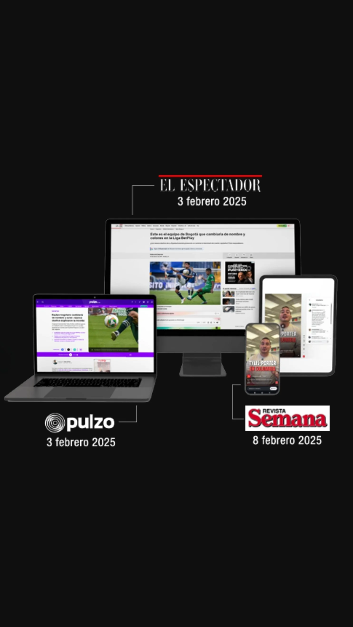 Collage de medios digitales colombianos en computadora, laptop, tableta y celular, con logos de El Espectador, Pulzo y Revista Semana.