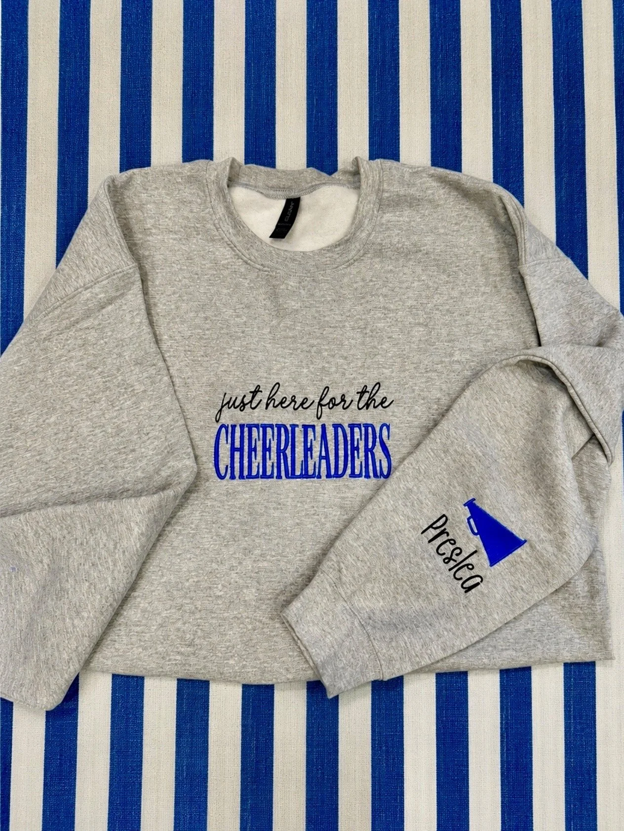Gray long-sleeve sweatshirt reading “Just here for the cheerleaders,” with a blue megaphone graphic and “Pregame” text on the sleeve, displayed on blue-and-white striped fabric.