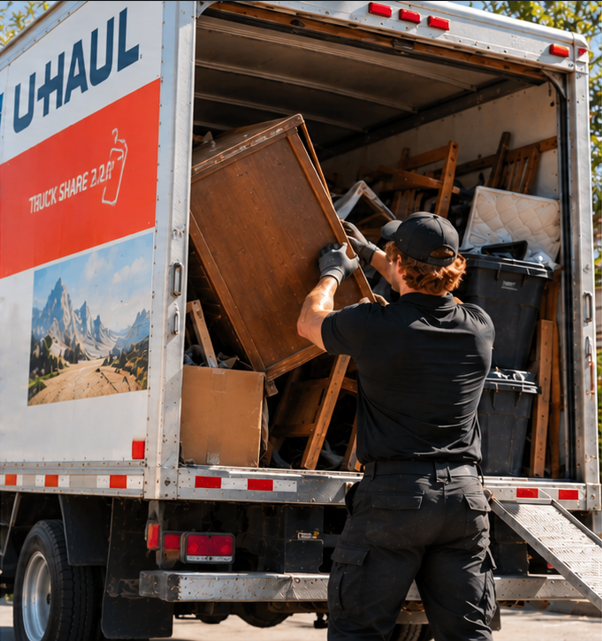 Mover loading wooden furniture into an open U-Haul moving truck filled with household items.