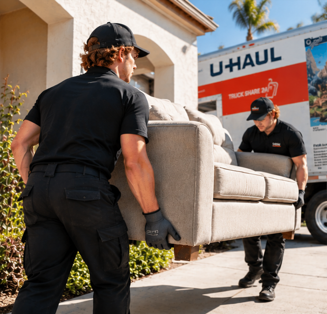 Two movers carry a beige sofa toward a U-Haul truck outside a home.