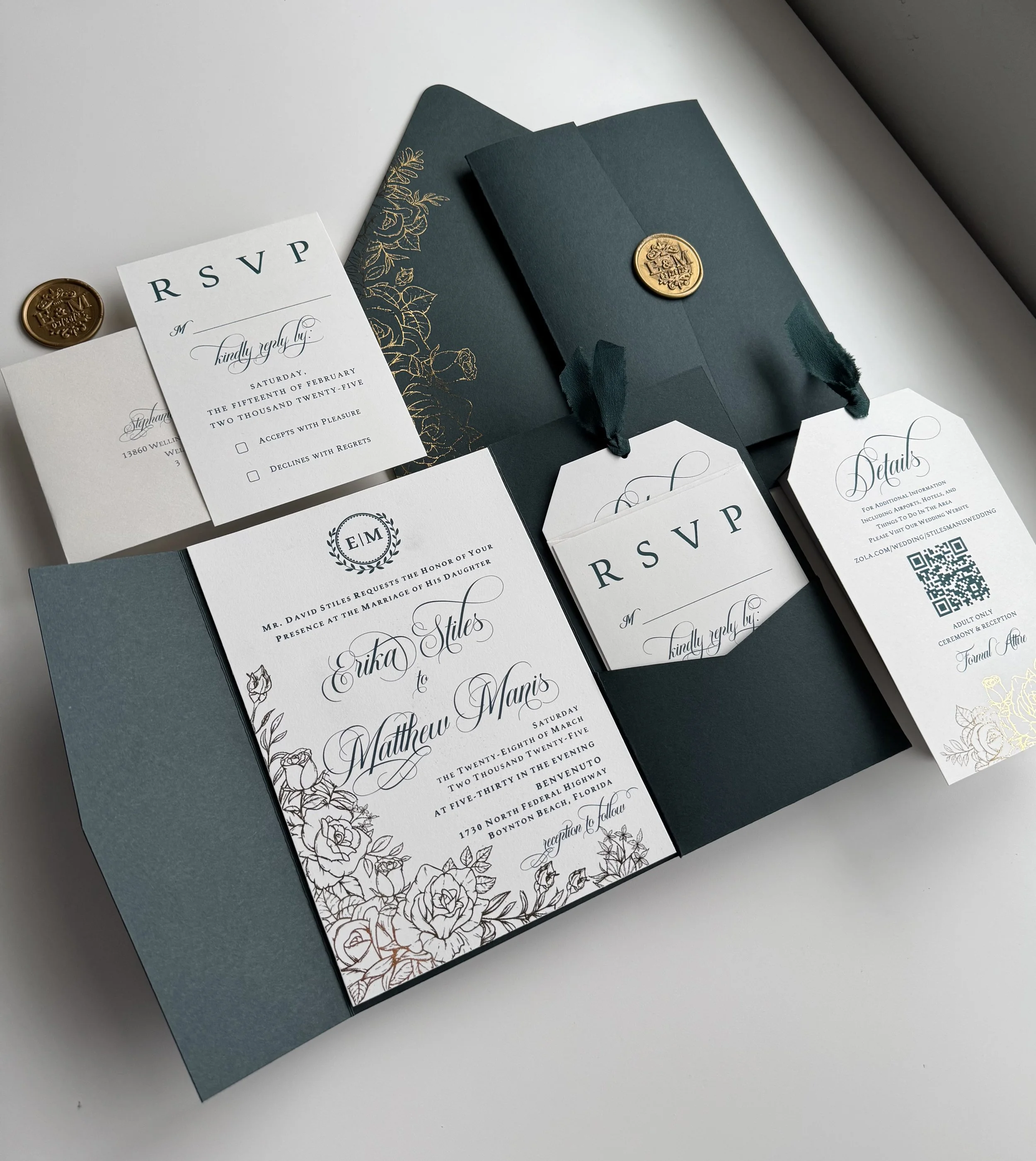 Elegant dark green and white wedding invitation suite with floral details, gold foil details, gold wax seals, green invitation pocket, detail cards, RSVP cards, and information card
