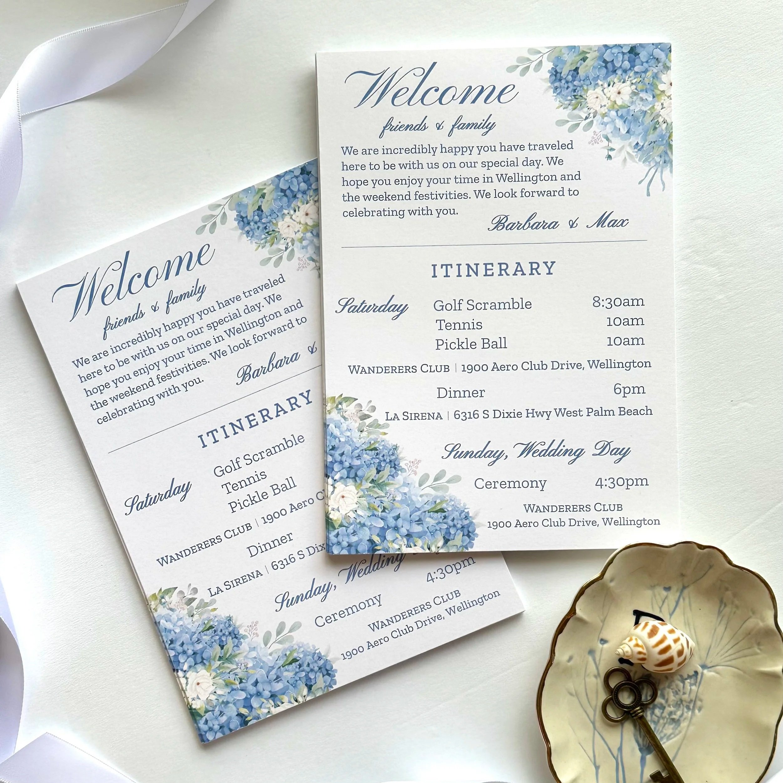 welcome itinerary blue hydrangeas