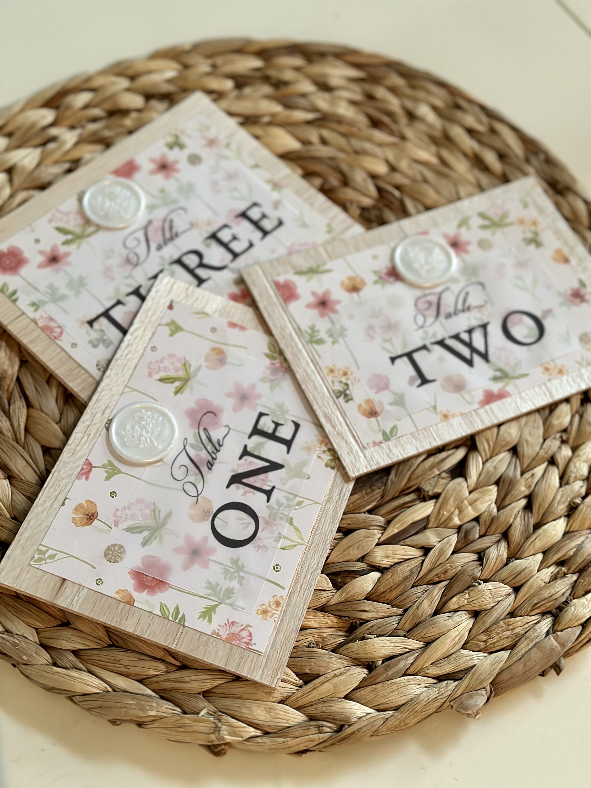 Table Numbers florals wax seal vellum wood