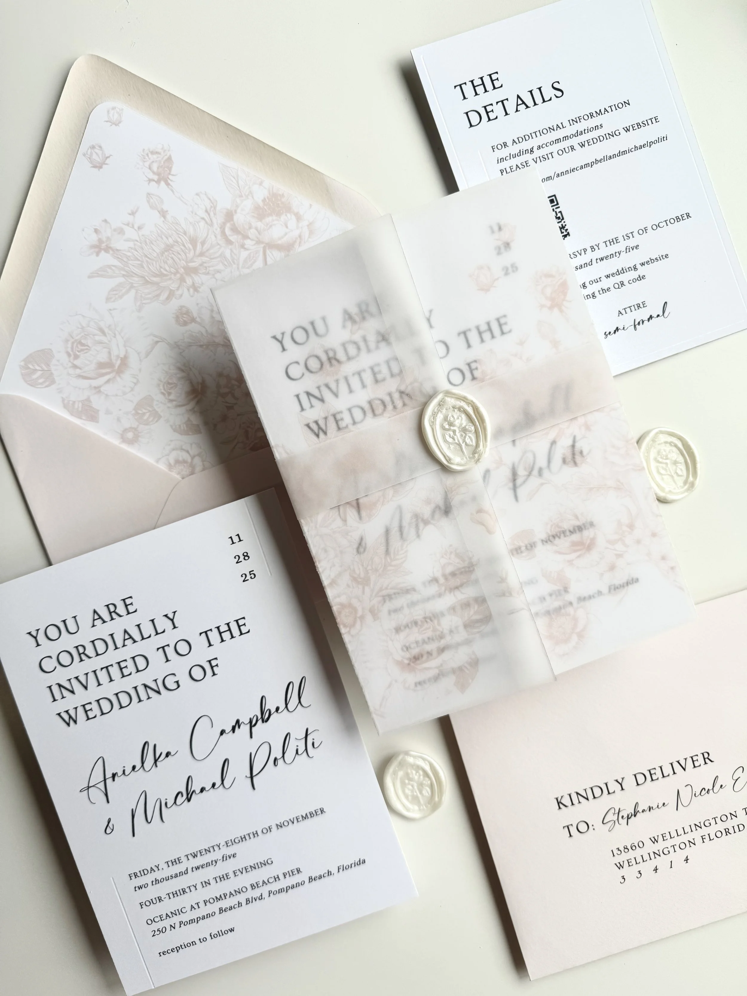 pink invitation suite vellum jacket belly band