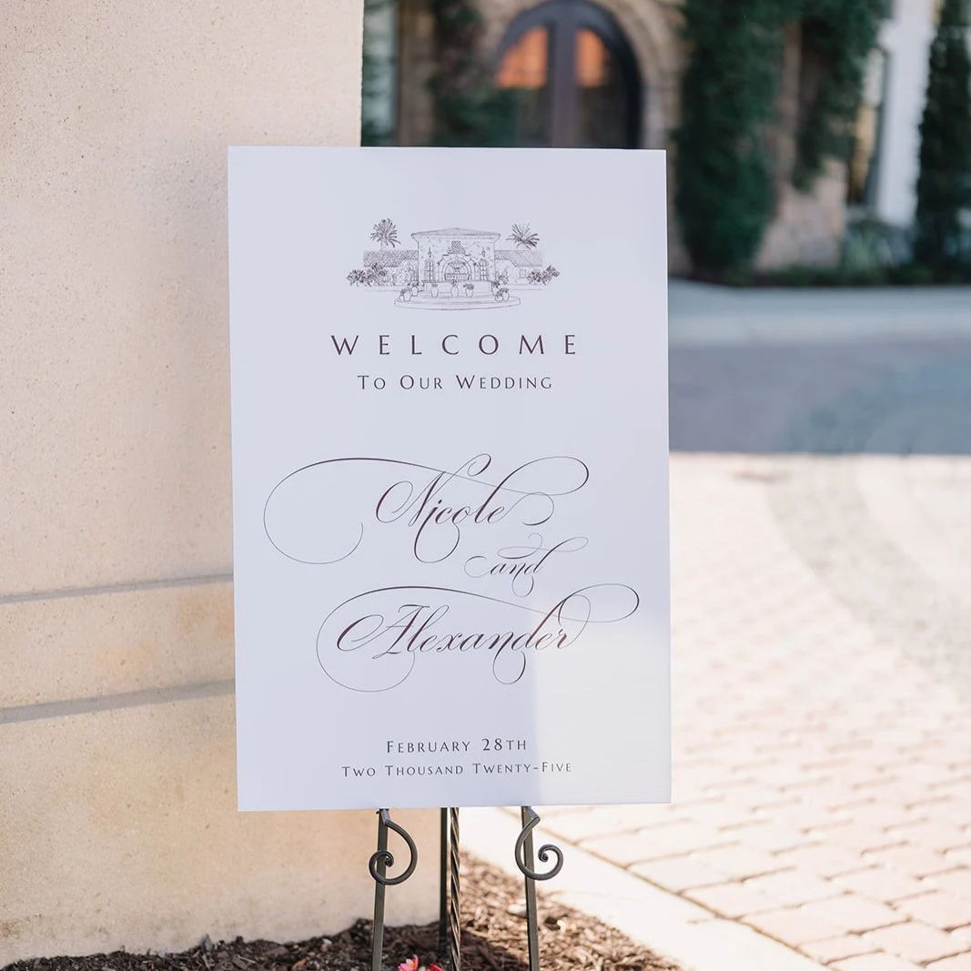 welcome sign venue white brown