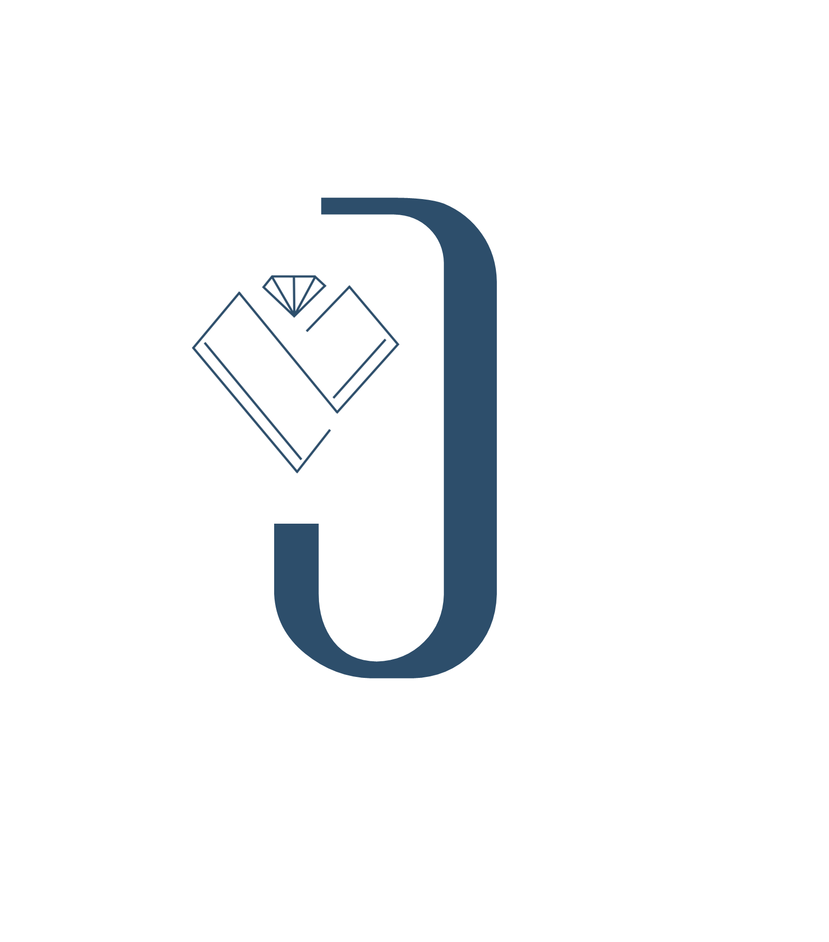 Minimalist dark blue jewel logo featuring a diamond ring and gemstone outline on a black background