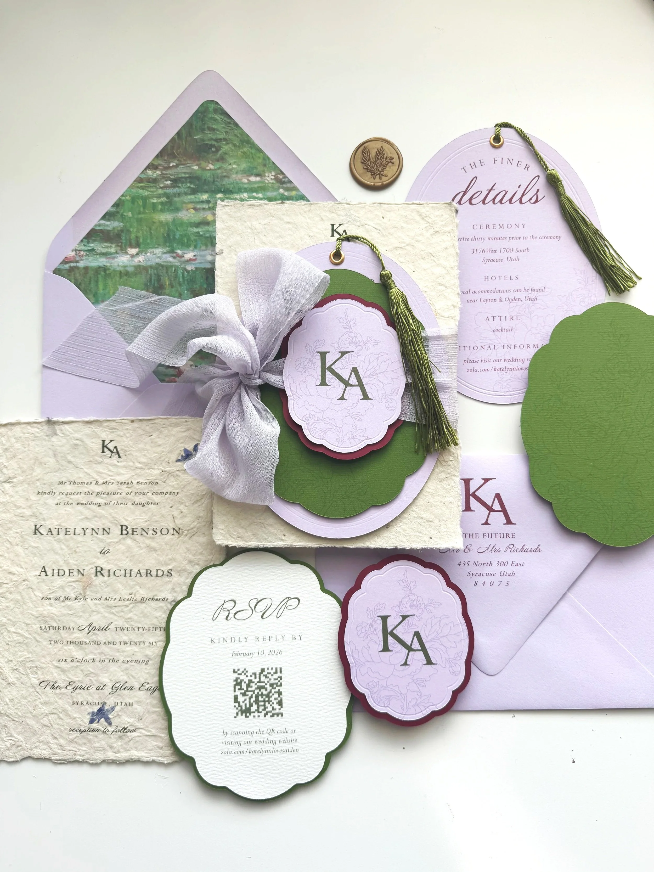 wedding invitation suite lavender green burgundy