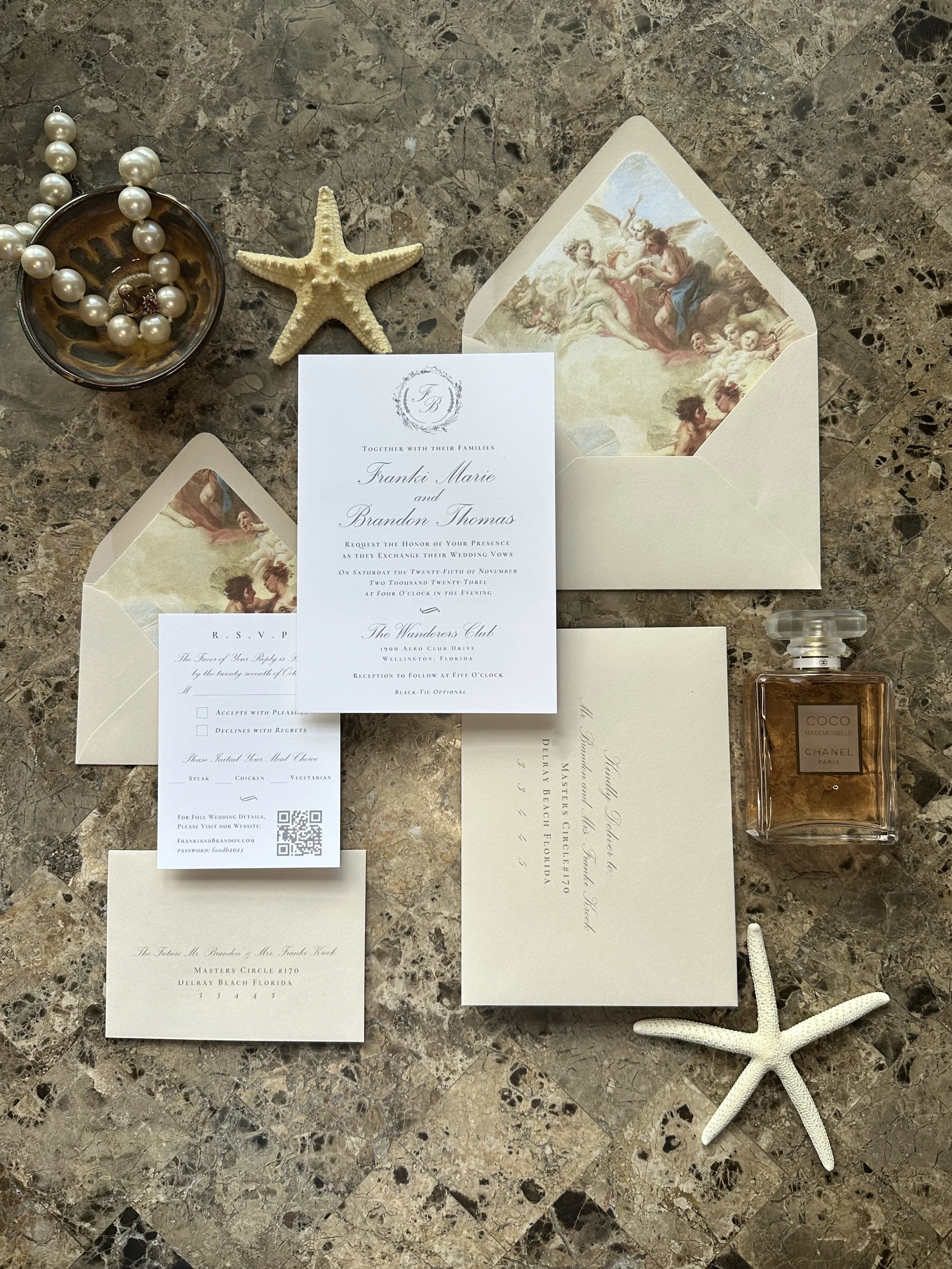 wedding invitation suite white beige artistic envelope liner
