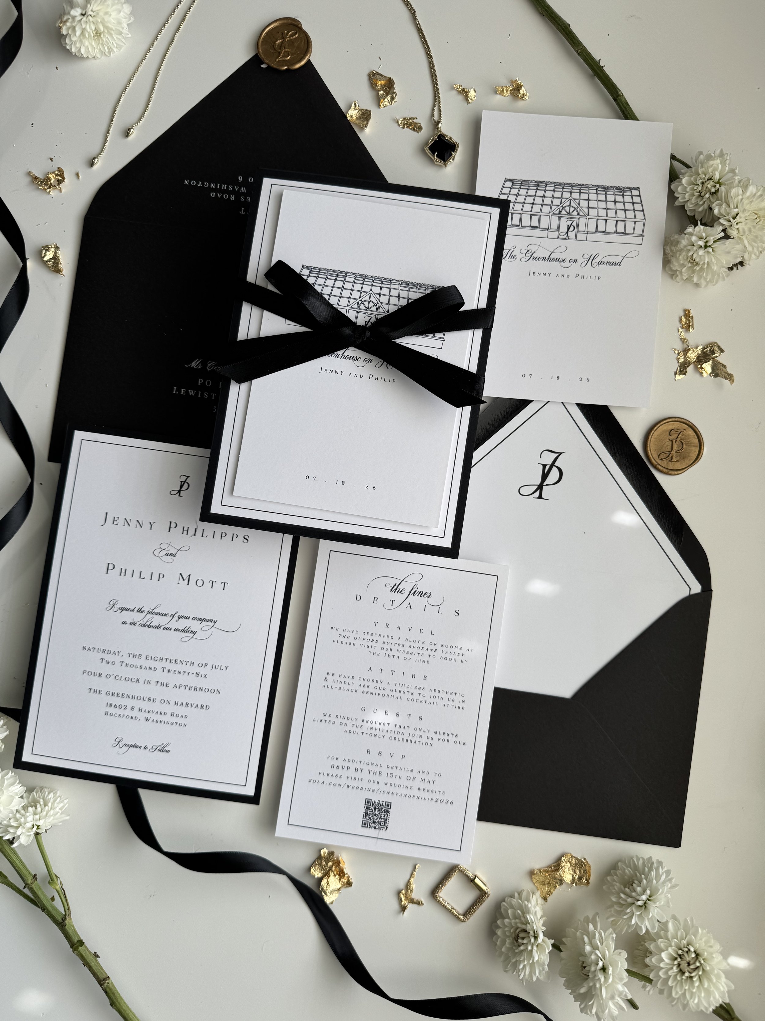 invitation suite black and white gold wax seal custom sketch