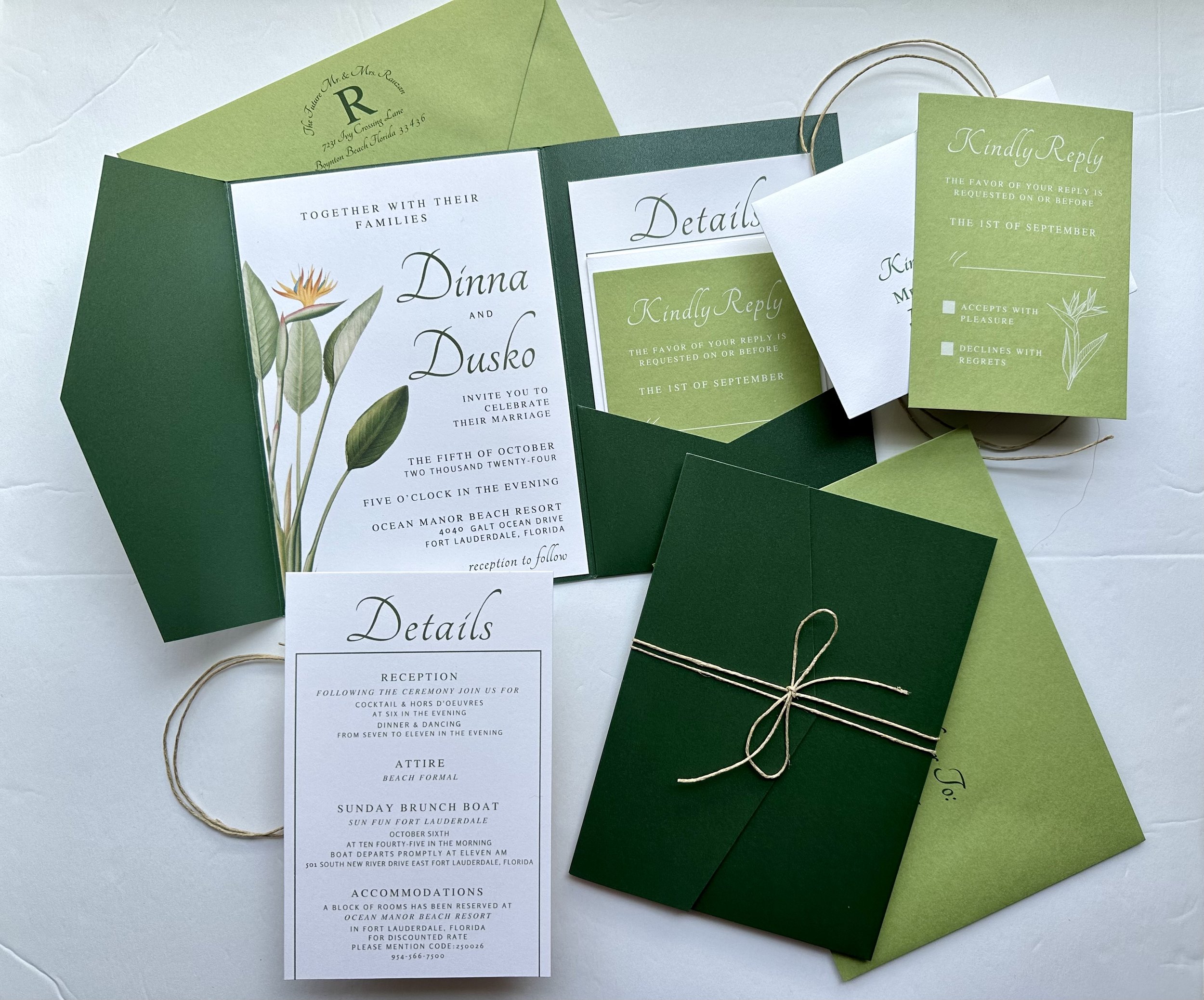 wedding stationery bird of paradise greens