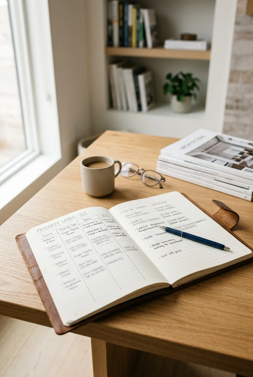 Open notebook labeled “Property Leads” with a pen on a wooden desk beside coffee, eyeglasses, and stacked magazines.