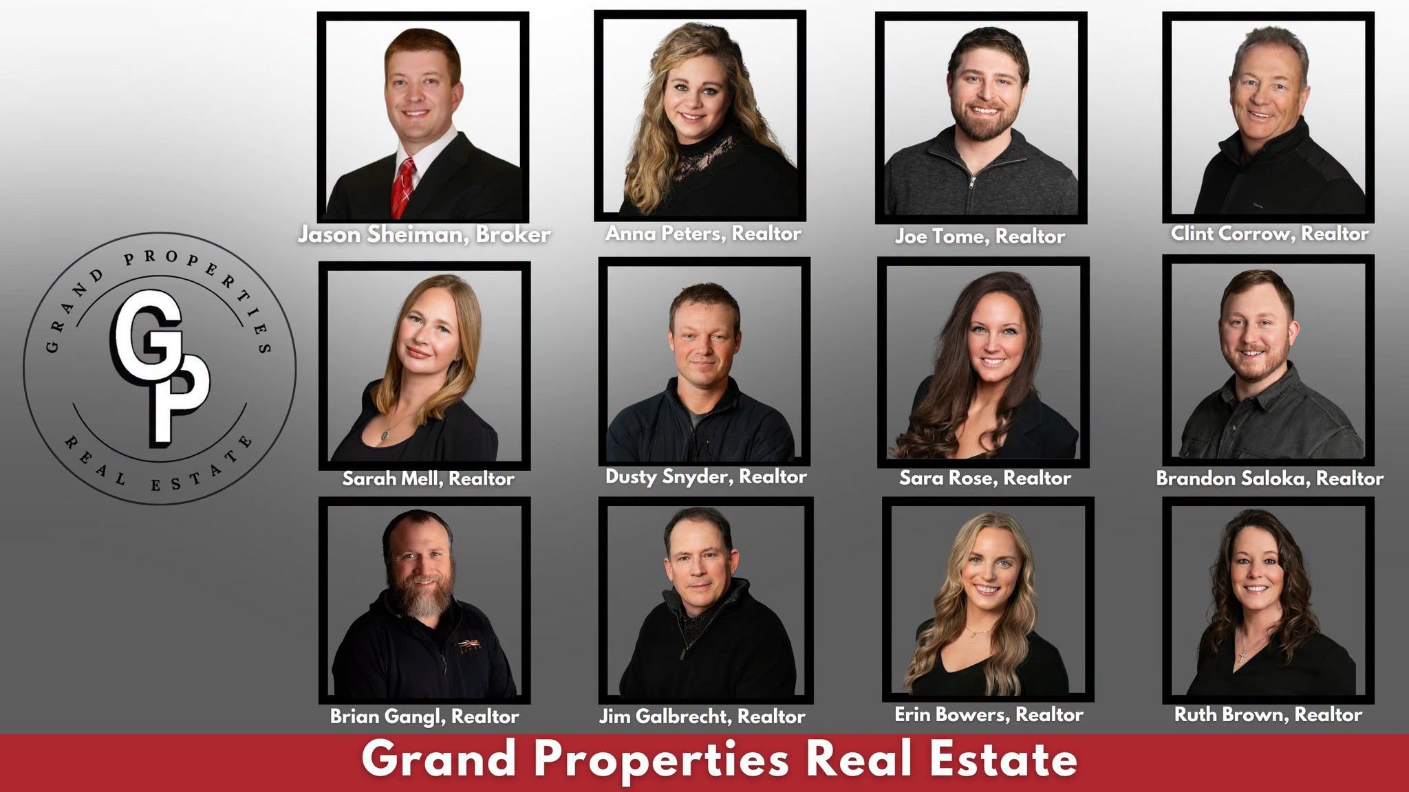 Grand Properties Real Estate team collage featuring broker Jason Sheiman and Realtors Anna Peters, Joe Tome, Clint Corrow, Sarah Mell, Dusty Snyder, Sara Rose, Brandon Saloka, Brian Gangl, Jim Galbrecht, Erin Bowers, and Ruth Brown.