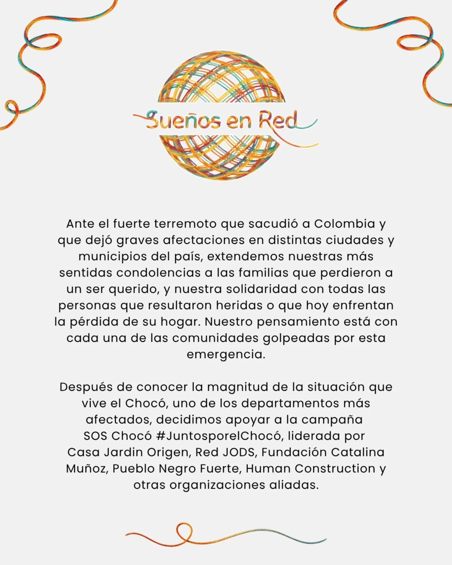 Nuestro coraz&oacute;n est&aacute; con el Choc&oacute; 🧡.
Apoyamos la campa&ntilde;a #juntosporelchoc&oacute; para atender a las familias afectadas por el terremoto.
Toda la informaci&oacute;n sobre c&oacute;mo aportar (en dinero o en especie) la en