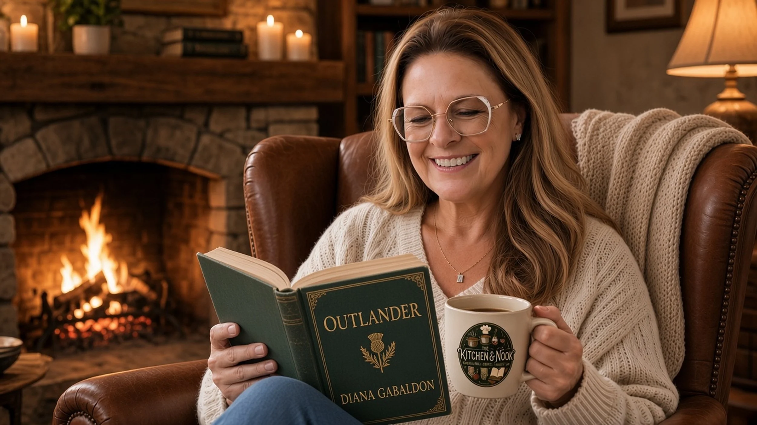 Woman reading a hardback copy of Outlander by the fireplace with a Kitchen & Nook mug